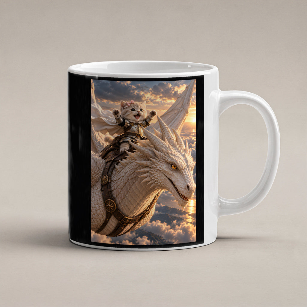 Ritterkatze – Drachenflug – Tasse. Weiß. 1 STUDIO. KI-Motiv.