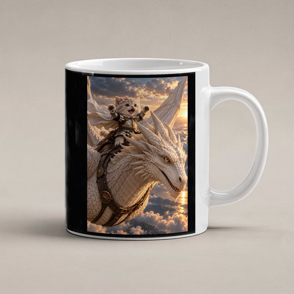 Ritterkatze – Drachenflug – Tasse. Weiß. 1 STUDIO. KI-Motiv.