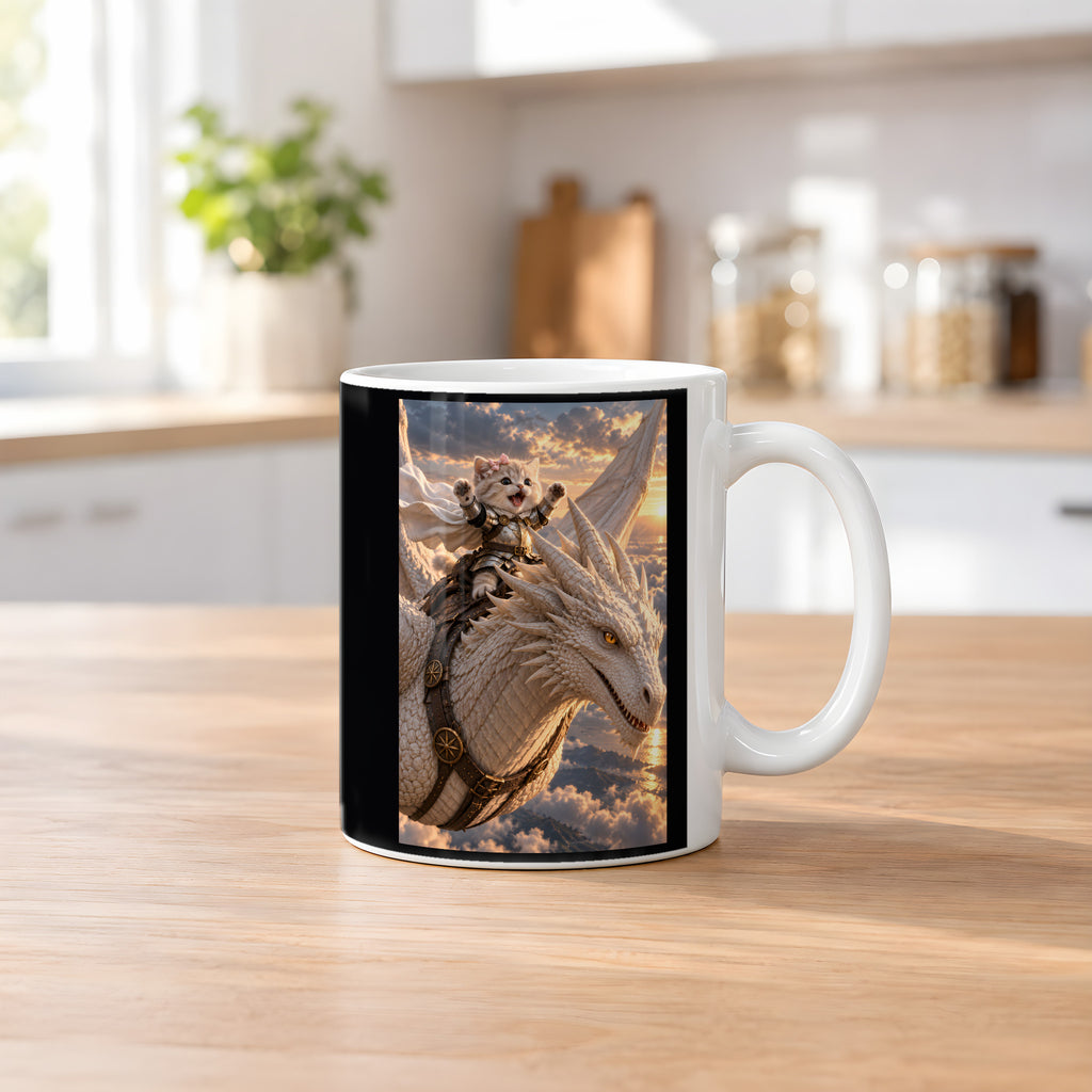 Ritterkatze – Drachenflug – Tasse. Weiß. 2 KUECHE. KI-Motiv.