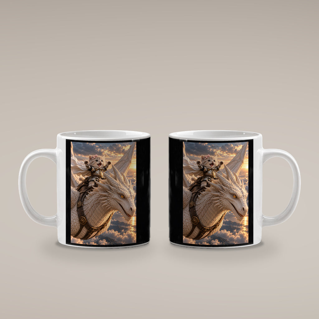 Ritterkatze – Drachenflug – Tasse. Weiß. 4 BEIDE SEITEN. KI-Motiv.