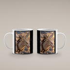 Ritterkatze – Drachenflug – Tasse. Weiß. 4 BEIDE SEITEN. KI-Motiv.