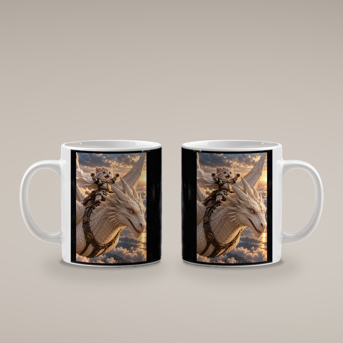 Ritterkatze – Drachenflug – Tasse. Weiß. 4 BEIDE SEITEN. KI-Motiv.