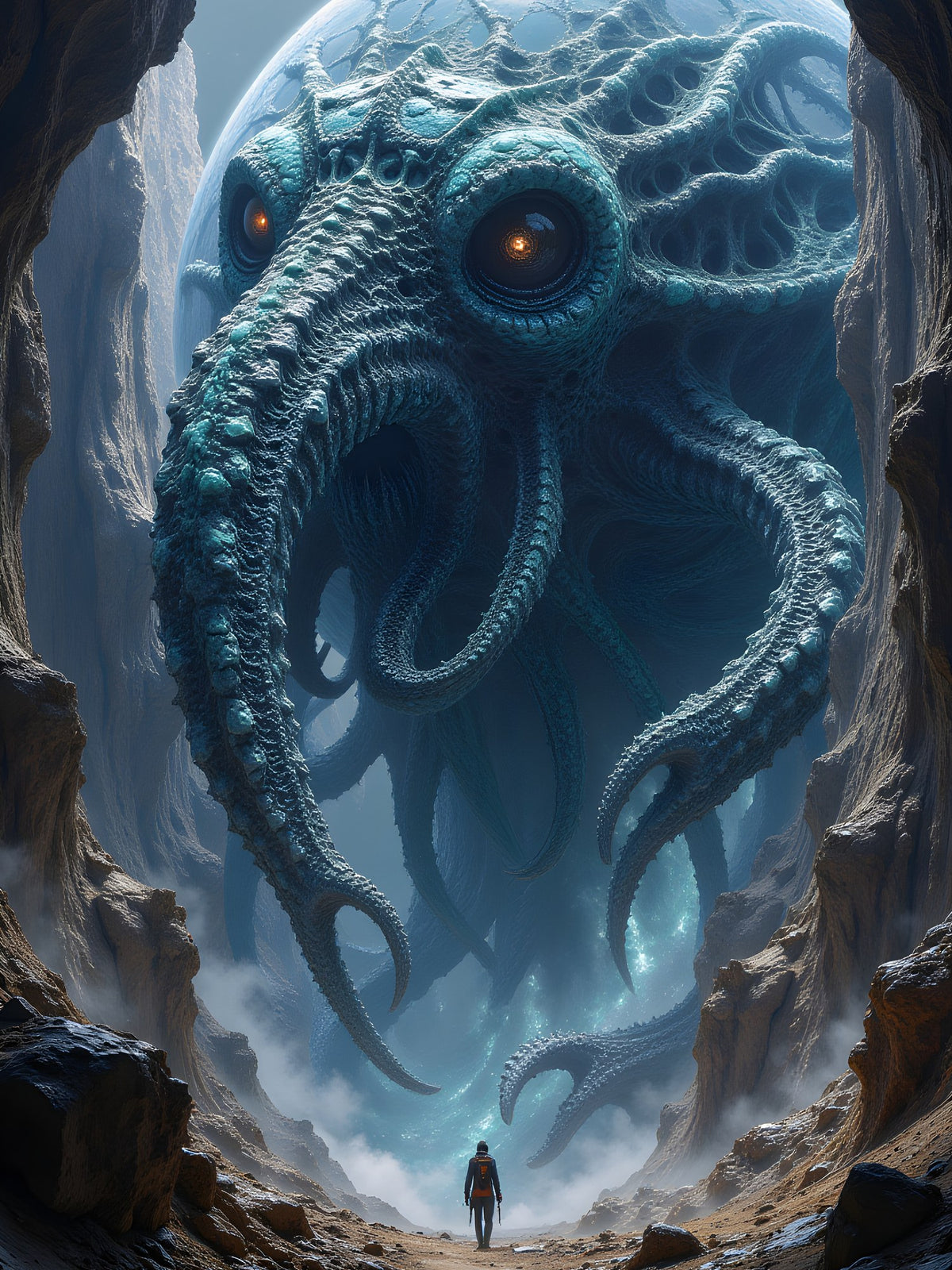 Der Splitterleviathan — krakenwesen mit Planet in der Schlucht
