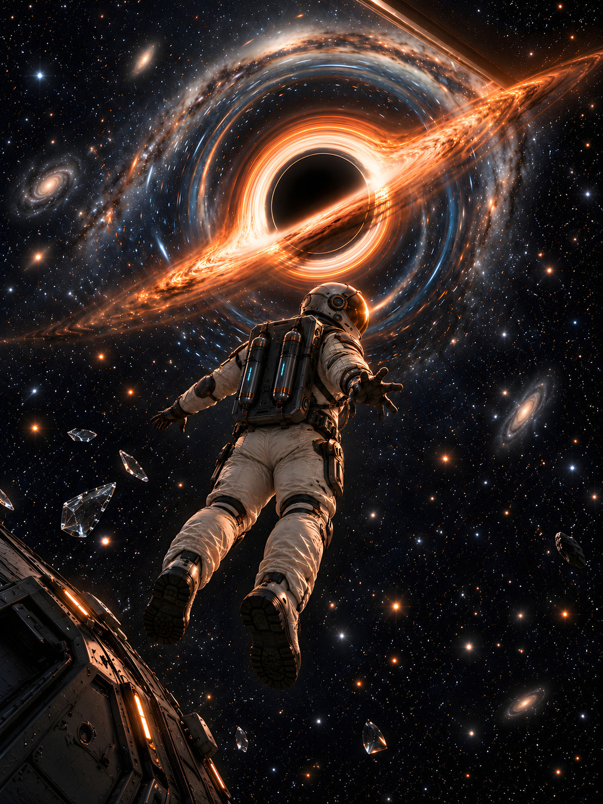 Der Sog – Astronaut driftet auf ein schwarzes Loch zu, vollständiges Motiv