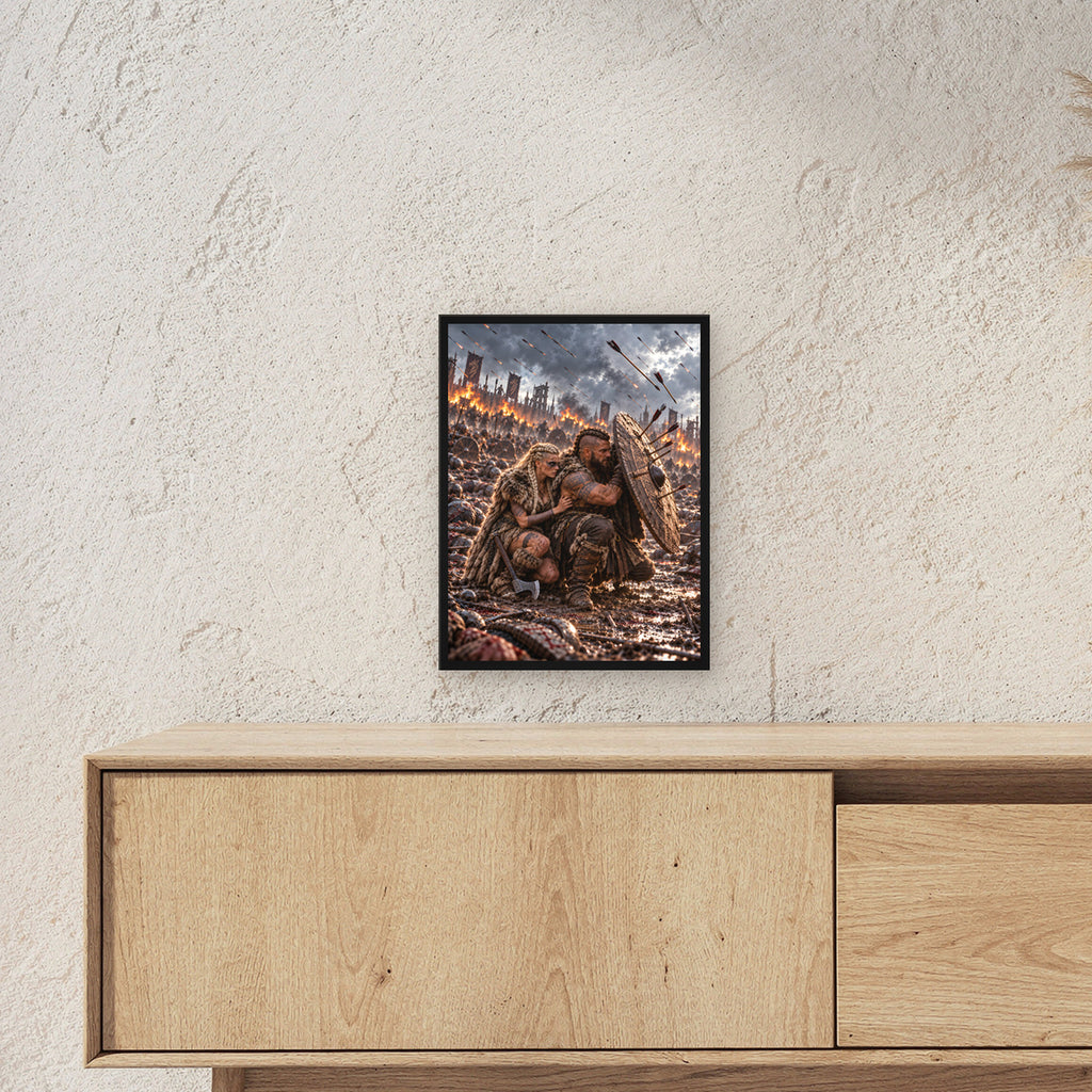 Der Schildschutz – Wikingerpaar hinter einem Rundschild im Pfeilhagel, im schwarzen Holzrahmen, über einem Sideboard, zeigt die Größe im Raum