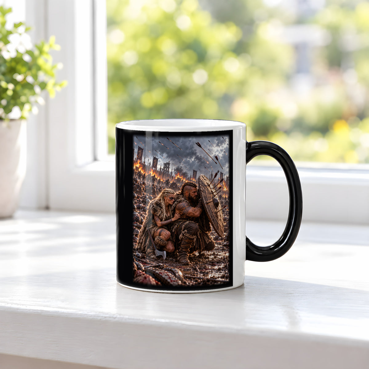 Der Schildschutz – Wikingerpaar hinter einem Rundschild im Pfeilhagel, Black Edition (Zaubertasse), auf einer Fensterbank