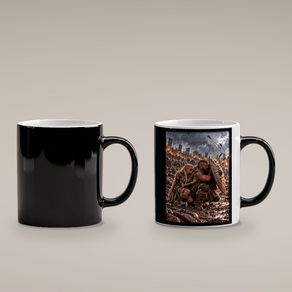 Der Schildschutz – Wikingerpaar hinter einem Rundschild im Pfeilhagel, Black Edition (Zaubertasse), kalt schwarz und heiß mit sichtbarem Motiv