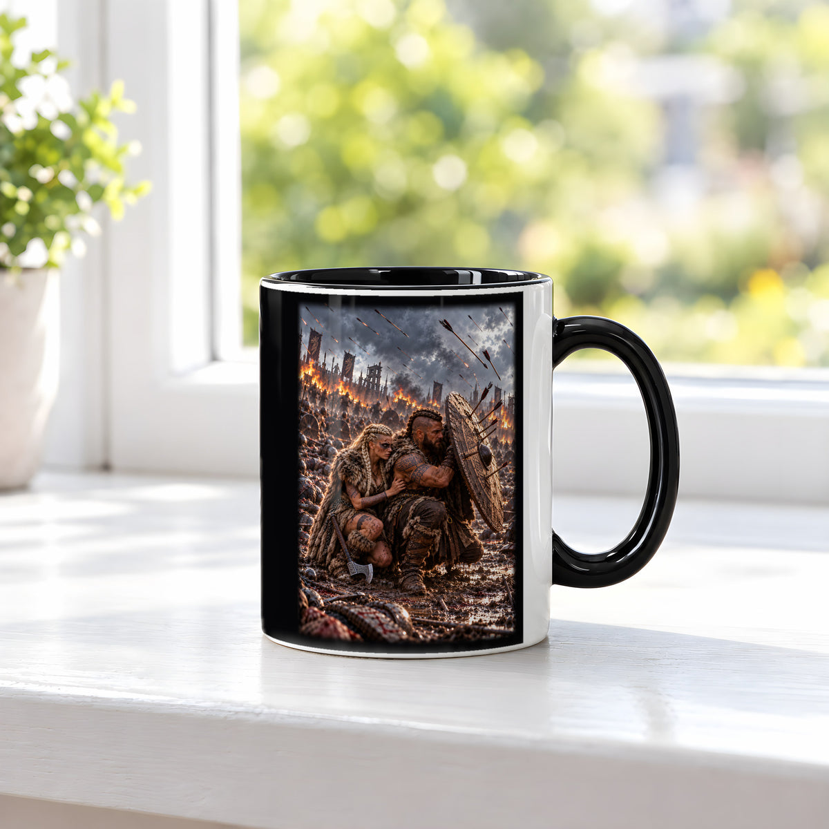 Der Schildschutz – Wikingerpaar hinter einem Rundschild im Pfeilhagel, Tasse Innen schwarz, auf einer Fensterbank
