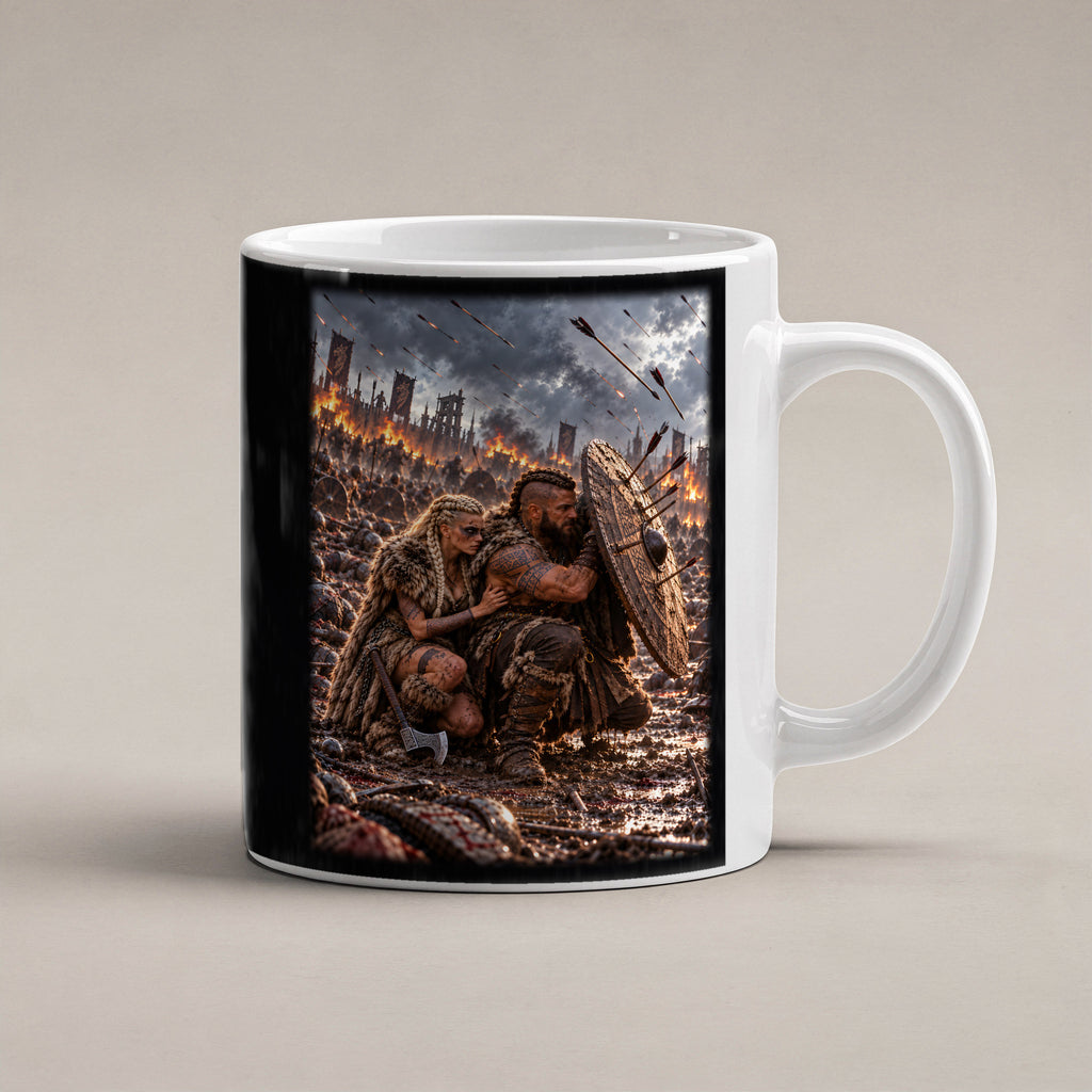 Der Schildschutz – Wikingerpaar hinter einem Rundschild im Pfeilhagel, Tasse Weiß, freigestellte Produktansicht