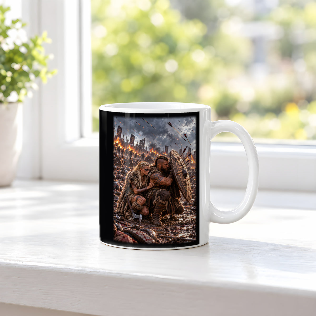 Der Schildschutz – Wikingerpaar hinter einem Rundschild im Pfeilhagel, Tasse Weiß, auf einer Fensterbank