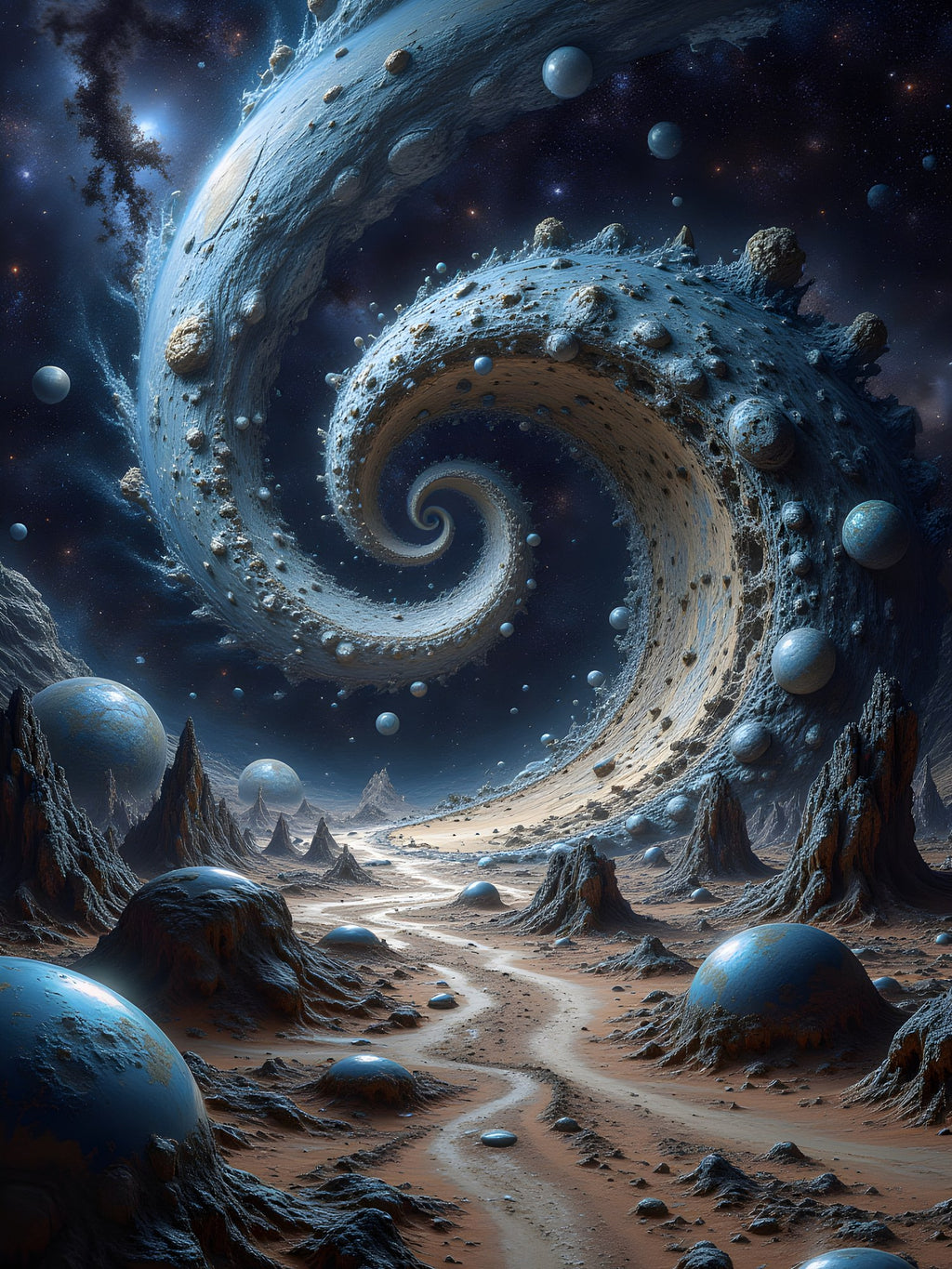 Der Sternenstrudel — spirale aus Fels und Planeten über der Wüste