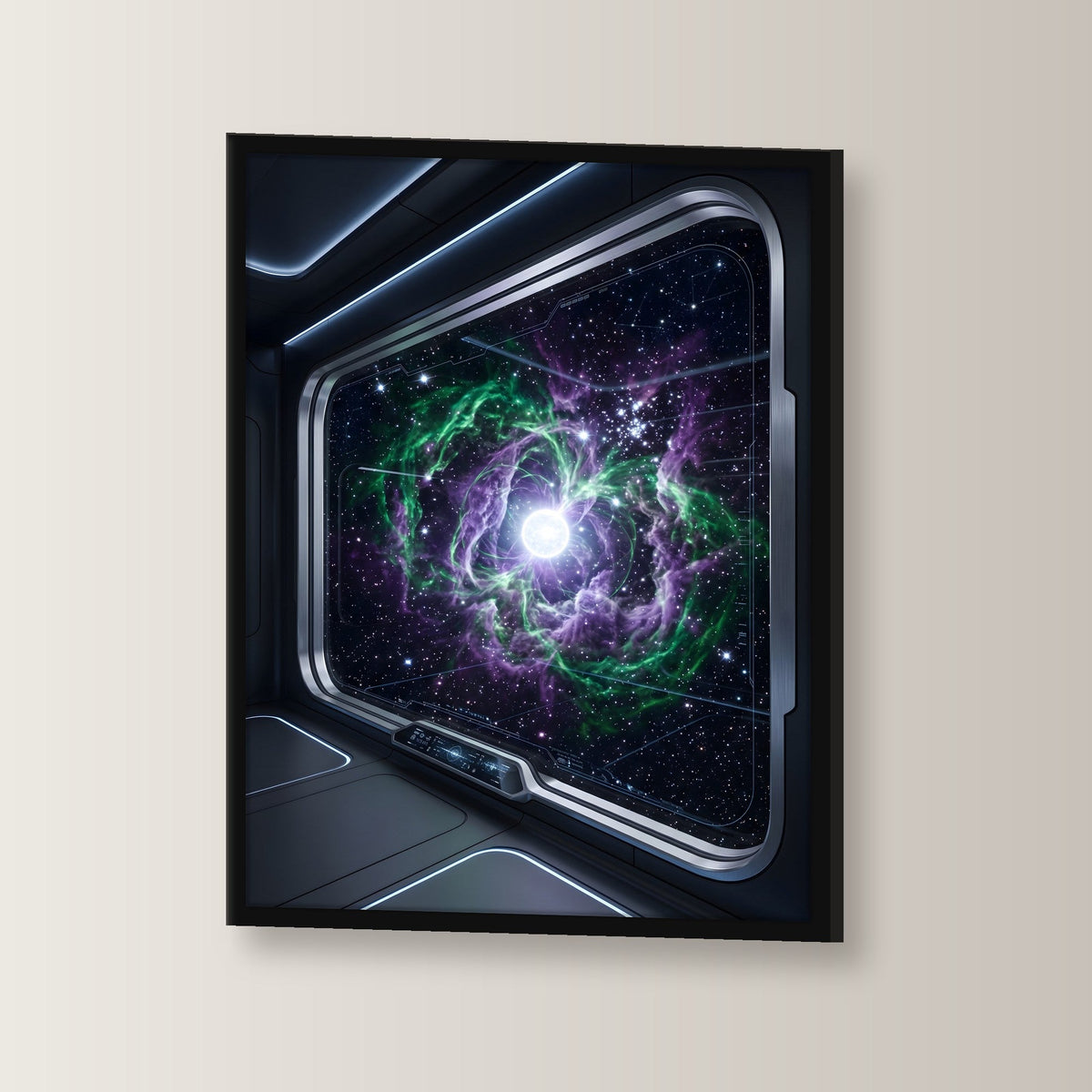 Das Sternenfenster – Blick aus dem Raumschiff auf einen grün-violetten Nebel, im schwarzen Holzrahmen, leicht gedreht an der Wand