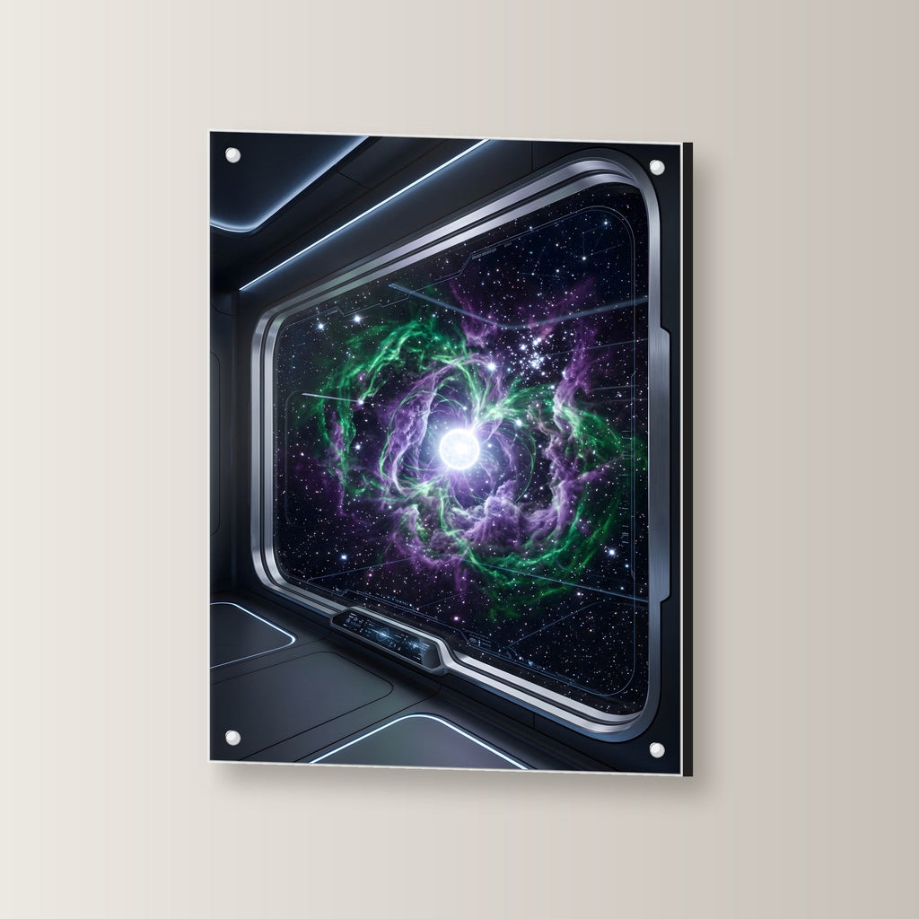 Das Sternenfenster – Blick aus dem Raumschiff auf einen grün-violetten Nebel, auf Acrylglas mit Abstandshaltern, leicht gedreht an der Wand