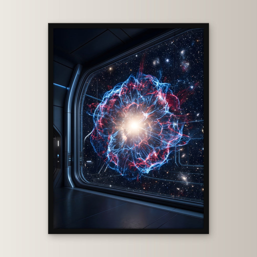 Sternentod – Explodierende Supernova hinter einem Raumschifffenster, im schwarzen Holzrahmen, von vorn an heller Wand