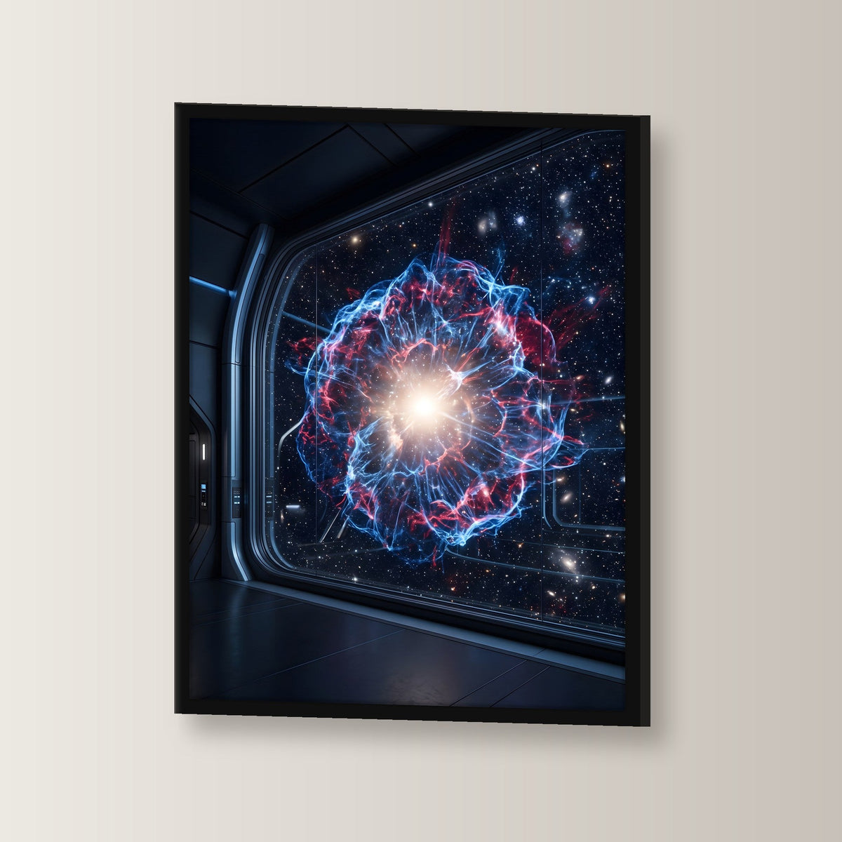 Sternentod – Explodierende Supernova hinter einem Raumschifffenster, im schwarzen Holzrahmen, leicht gedreht an der Wand