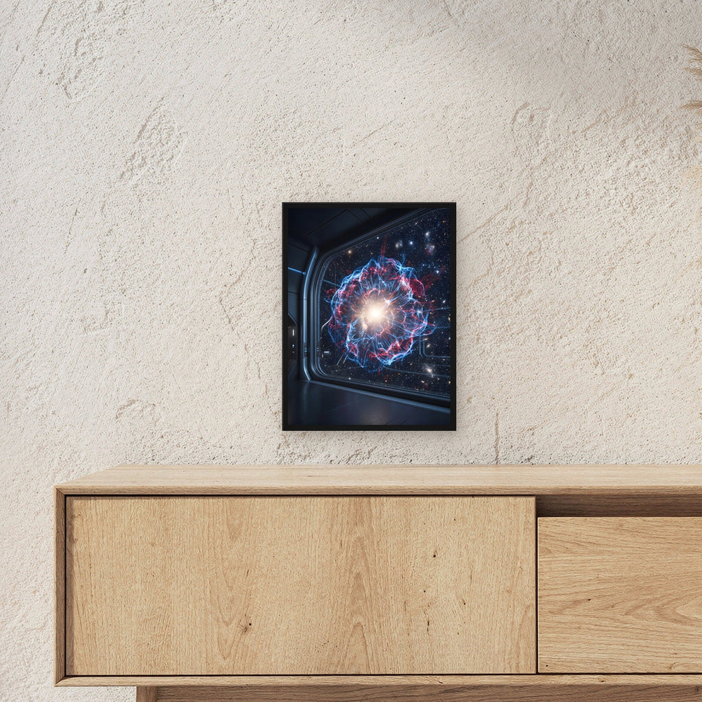 Sternentod – Explodierende Supernova hinter einem Raumschifffenster, im schwarzen Holzrahmen, über einem Sideboard