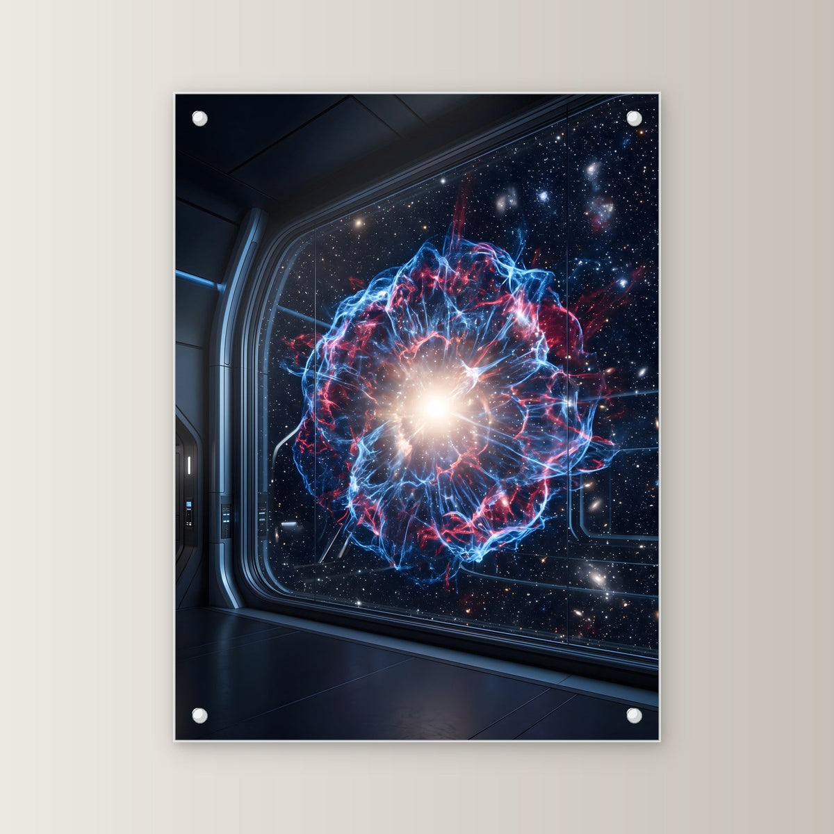Sternentod – Explodierende Supernova hinter einem Raumschifffenster, auf Acrylglas mit Abstandshaltern, von vorn an heller Wand