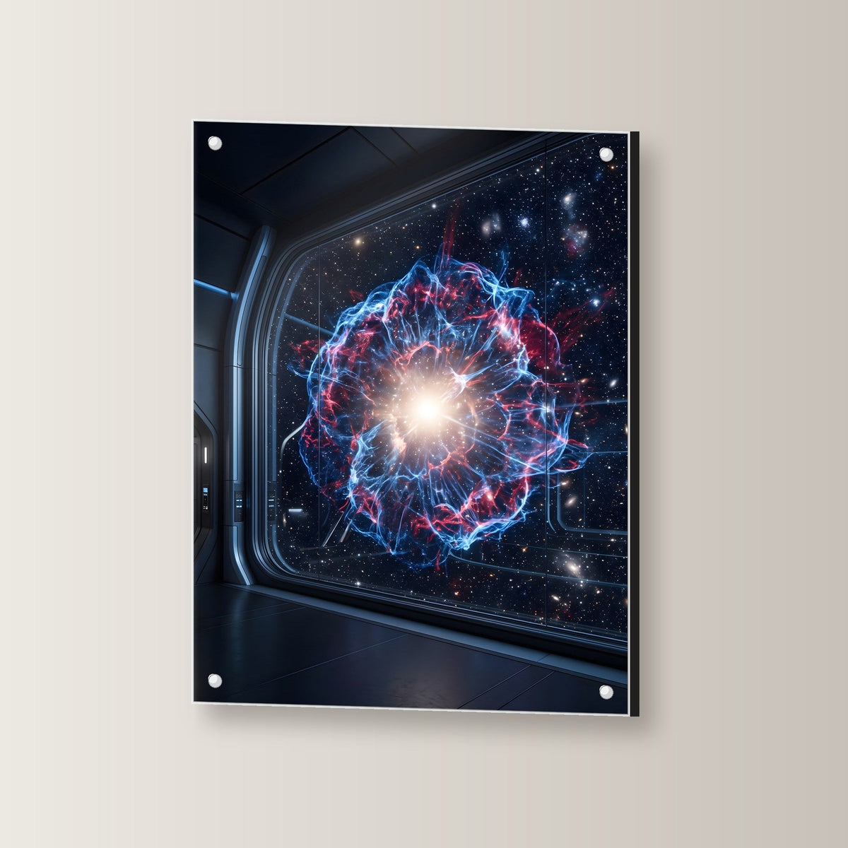 Sternentod – Explodierende Supernova hinter einem Raumschifffenster, auf Acrylglas mit Abstandshaltern, leicht gedreht an der Wand