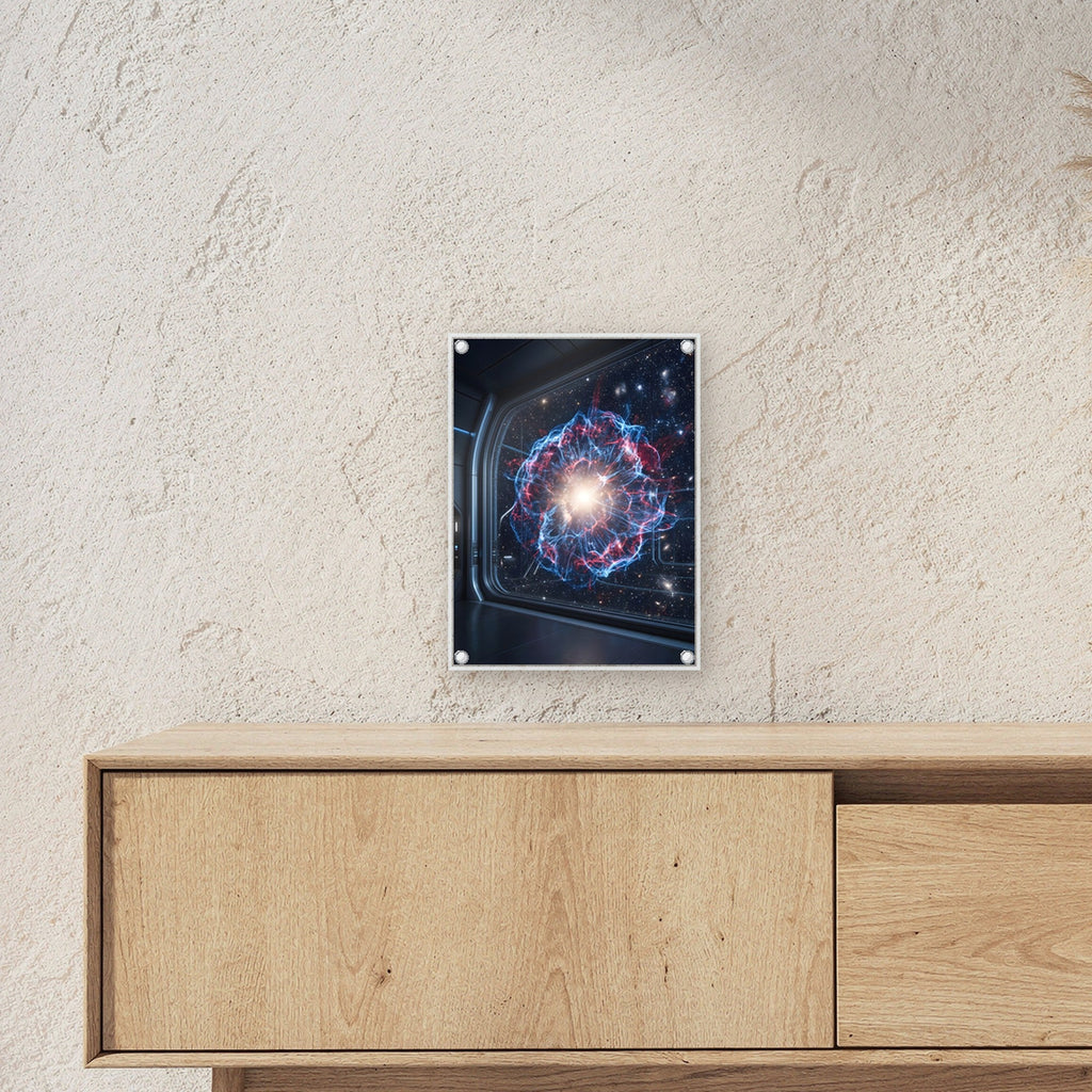 Sternentod – Explodierende Supernova hinter einem Raumschifffenster, auf Acrylglas mit Abstandshaltern, über einem Sideboard