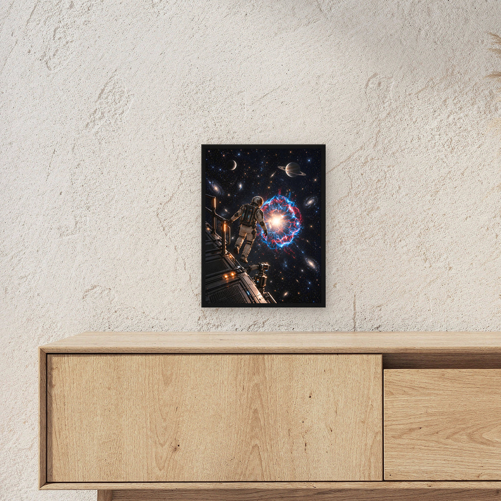 Die Sternenwacht – Astronaut an einer Forschungsplattform vor einer Sternenexplosion, im schwarzen Holzrahmen, über einem Sideboard, Größenansicht im Raum