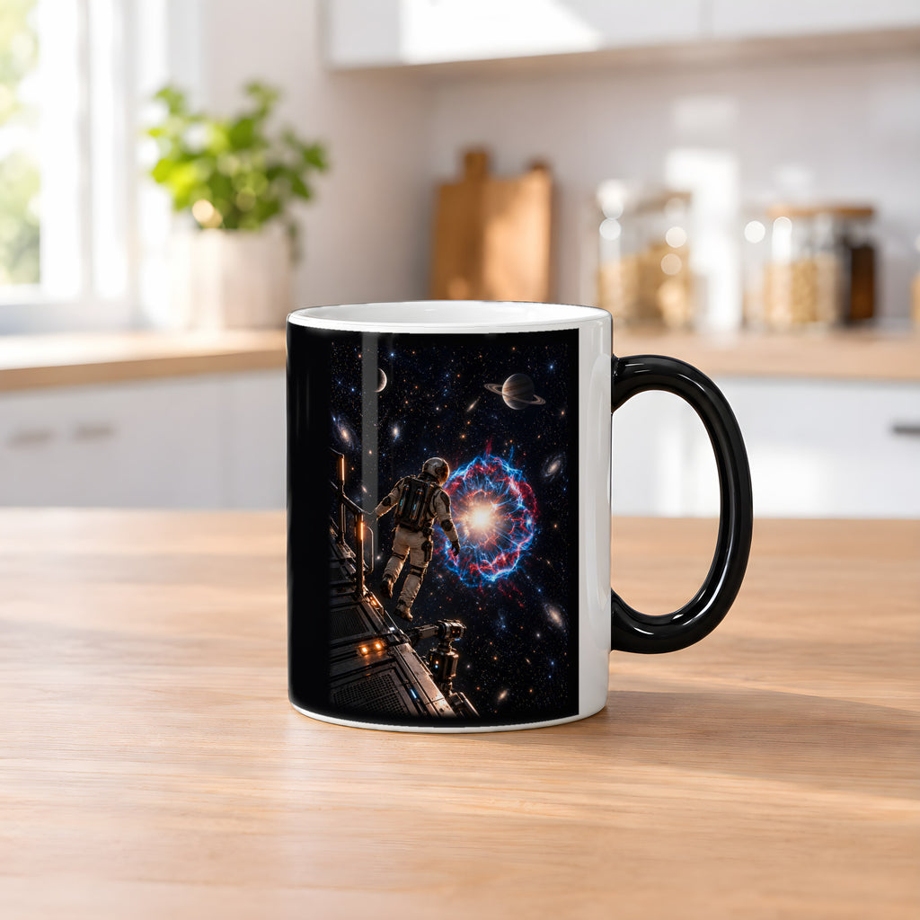 Die Sternenwacht – Astronaut an einer Forschungsplattform vor einer Sternenexplosion, Black Edition (Zaubertasse), auf einem Küchentresen