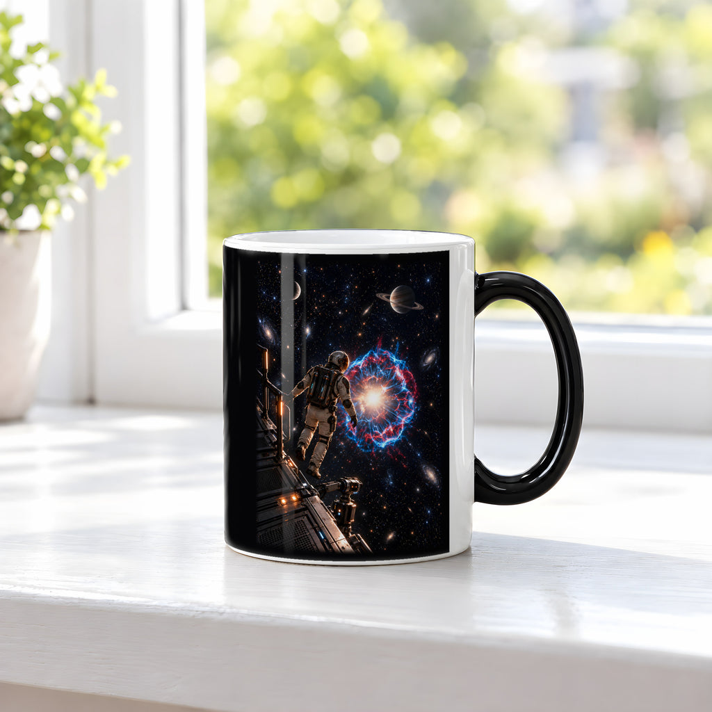 Die Sternenwacht – Astronaut an einer Forschungsplattform vor einer Sternenexplosion, Black Edition (Zaubertasse), auf einer Fensterbank