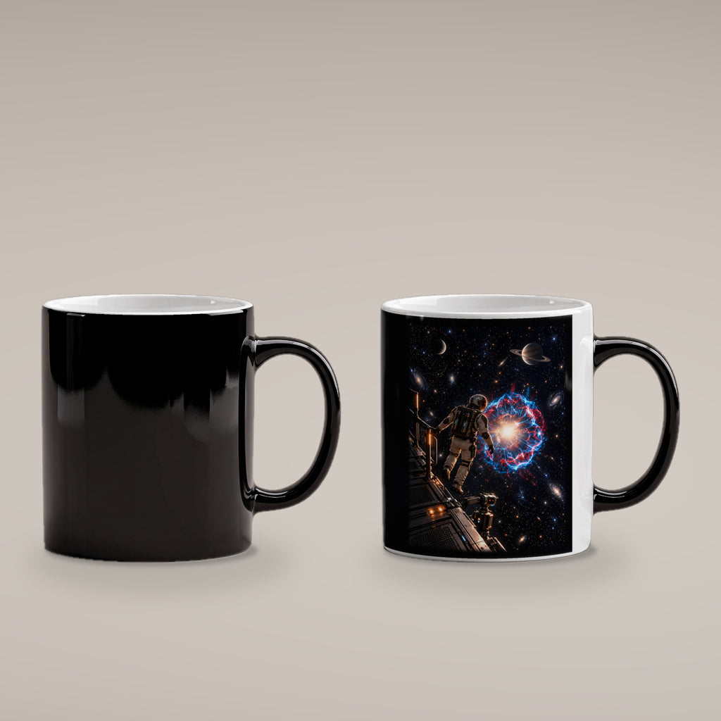Die Sternenwacht – Astronaut an einer Forschungsplattform vor einer Sternenexplosion, Black Edition (Zaubertasse), kalt schwarz und heiß mit Motiv