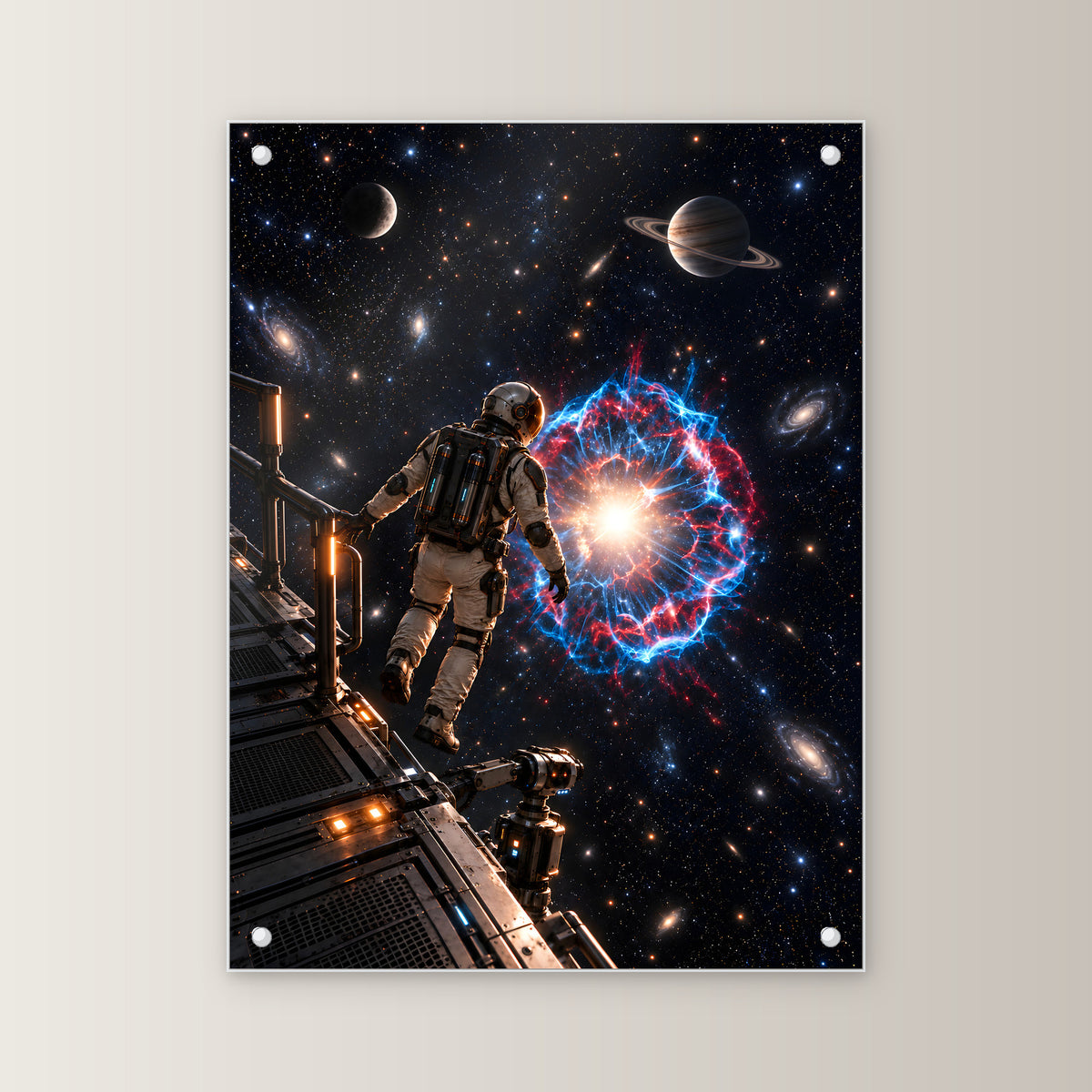 Die Sternenwacht – Astronaut an einer Forschungsplattform vor einer Sternenexplosion, auf Acrylglas mit vier Abstandshaltern, gerade von vorn an heller Wand