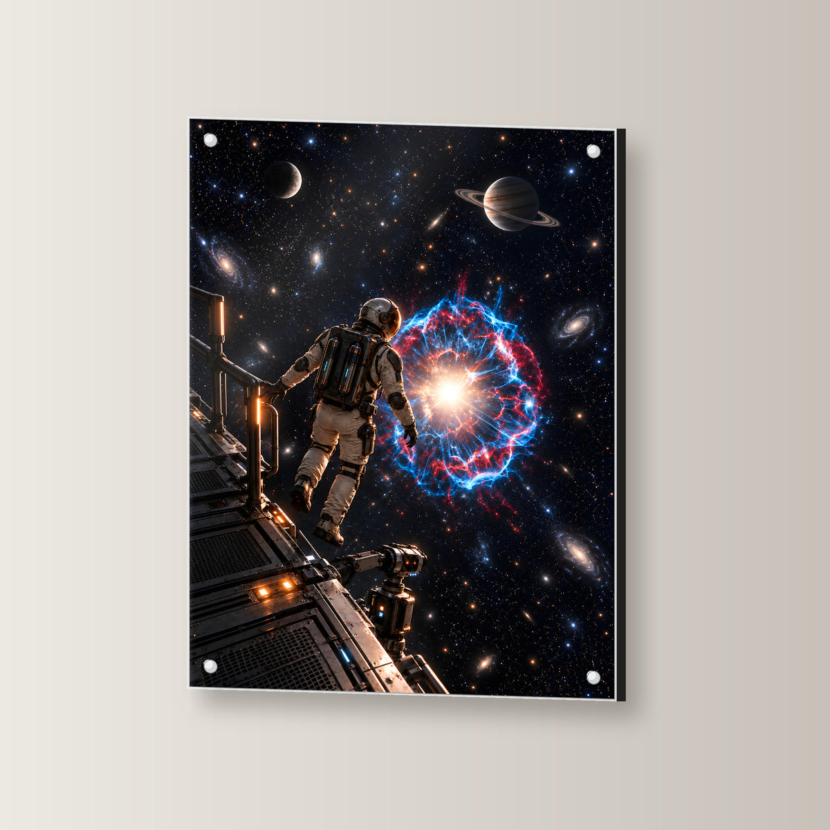 Die Sternenwacht – Astronaut an einer Forschungsplattform vor einer Sternenexplosion, auf Acrylglas mit vier Abstandshaltern, leicht gedreht an der Wand