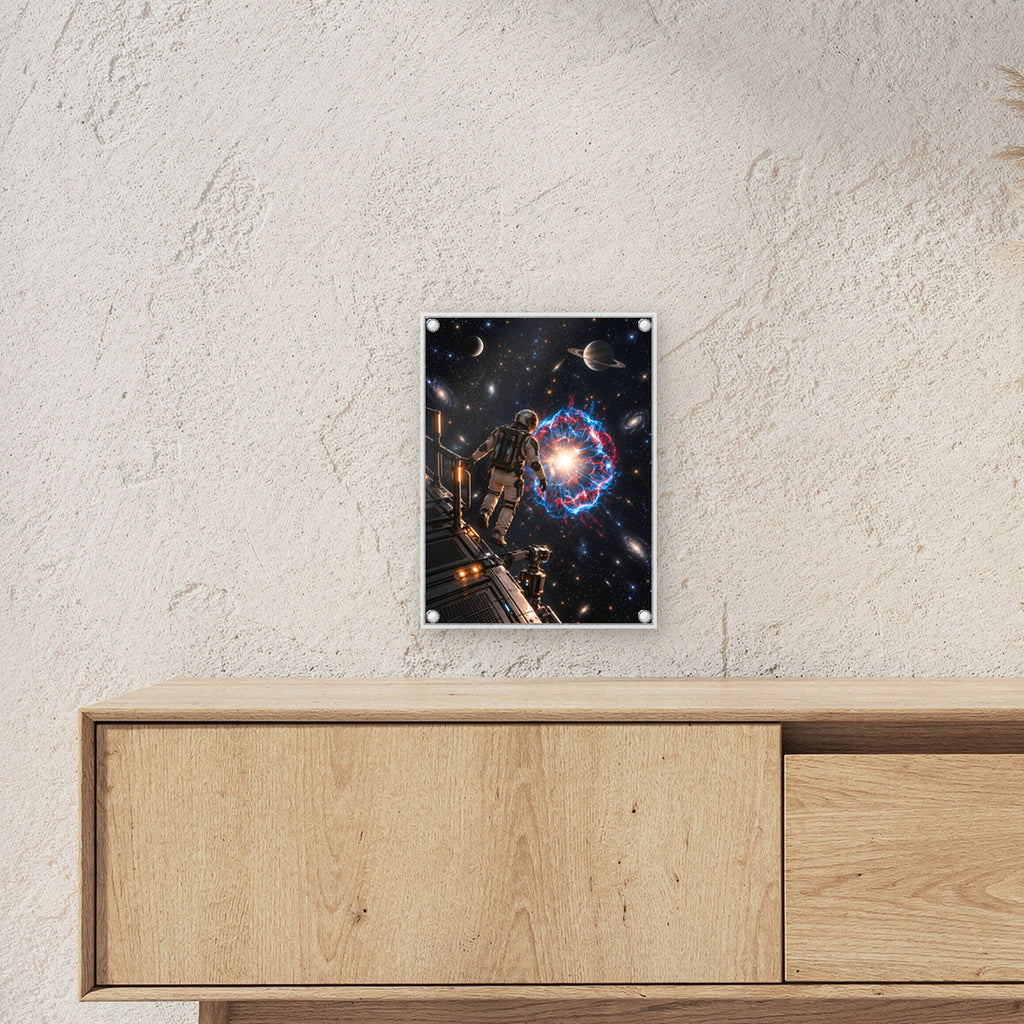 Die Sternenwacht – Astronaut an einer Forschungsplattform vor einer Sternenexplosion, auf Acrylglas mit vier Abstandshaltern, über einem Sideboard, Größenansicht im Raum