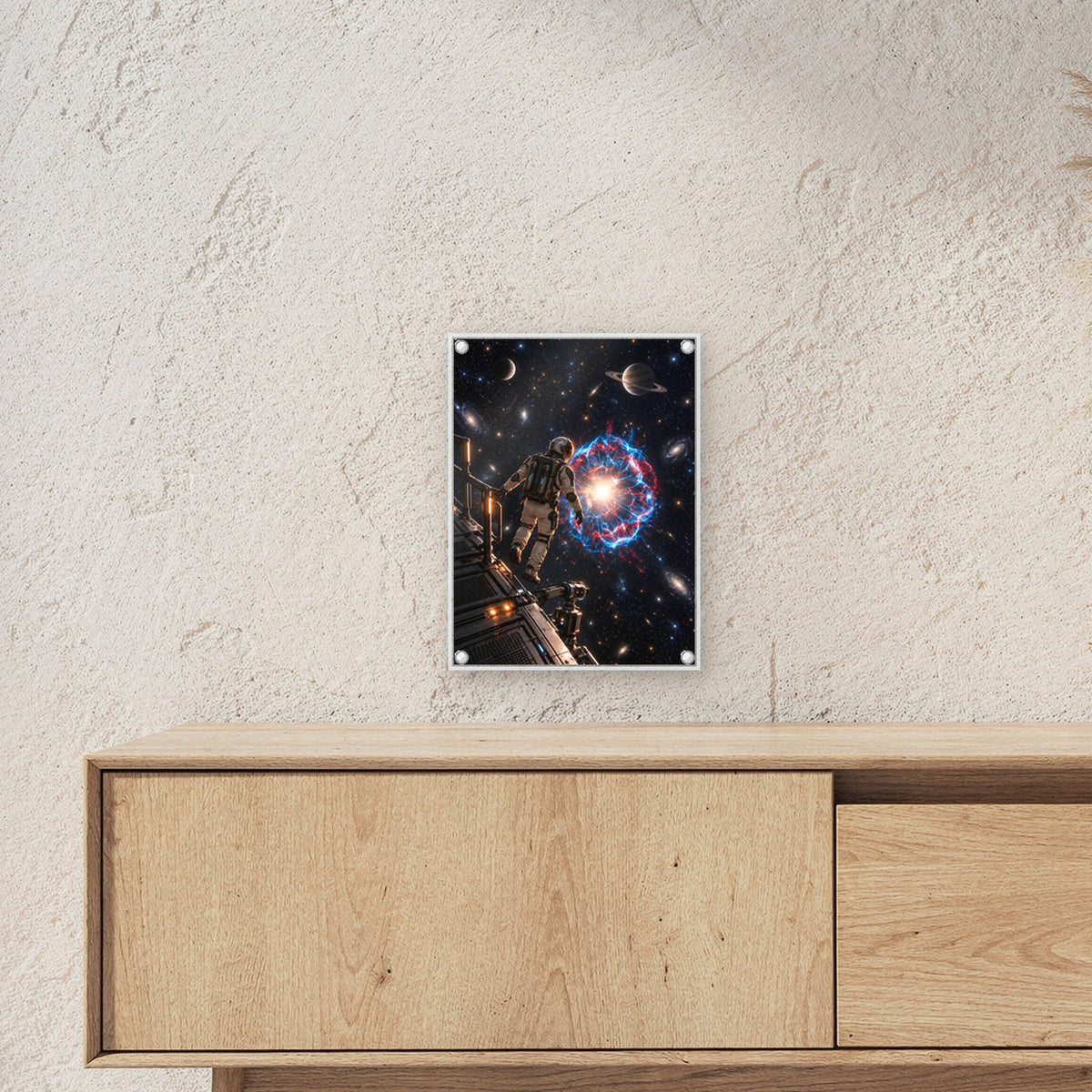 Die Sternenwacht – Astronaut an einer Forschungsplattform vor einer Sternenexplosion, auf Acrylglas mit vier Abstandshaltern, über einem Sideboard, Größenansicht im Raum
