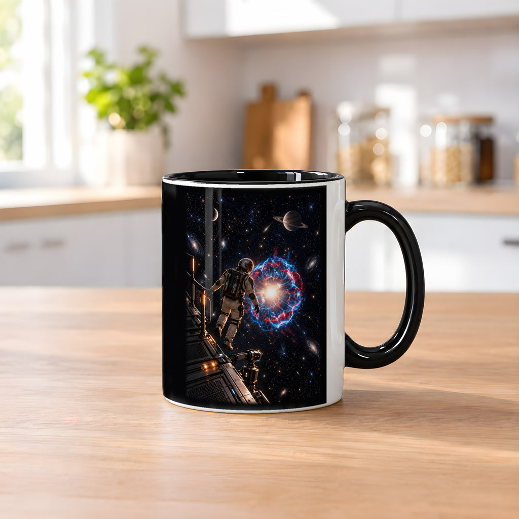 Die Sternenwacht – Astronaut an einer Forschungsplattform vor einer Sternenexplosion, Tasse Innen schwarz, auf einem Küchentresen