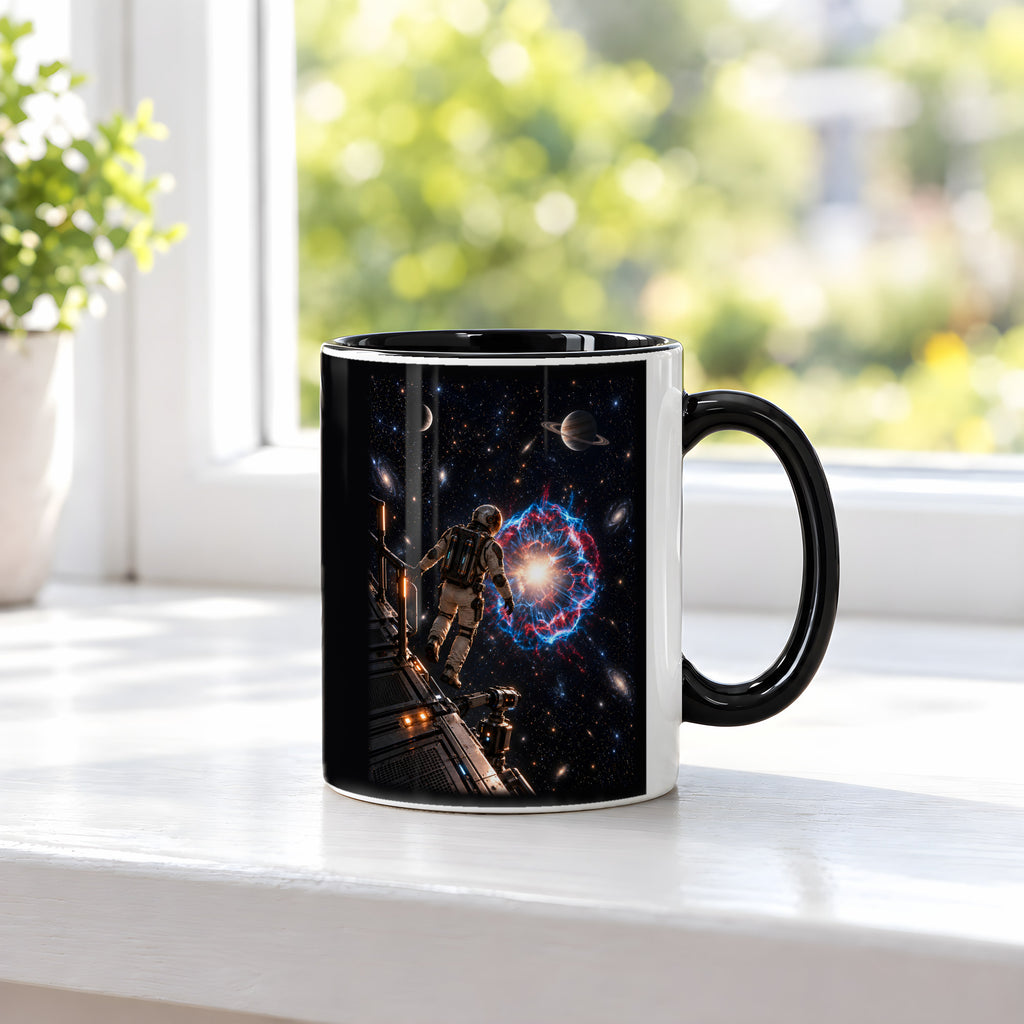 Die Sternenwacht – Astronaut an einer Forschungsplattform vor einer Sternenexplosion, Tasse Innen schwarz, auf einer Fensterbank