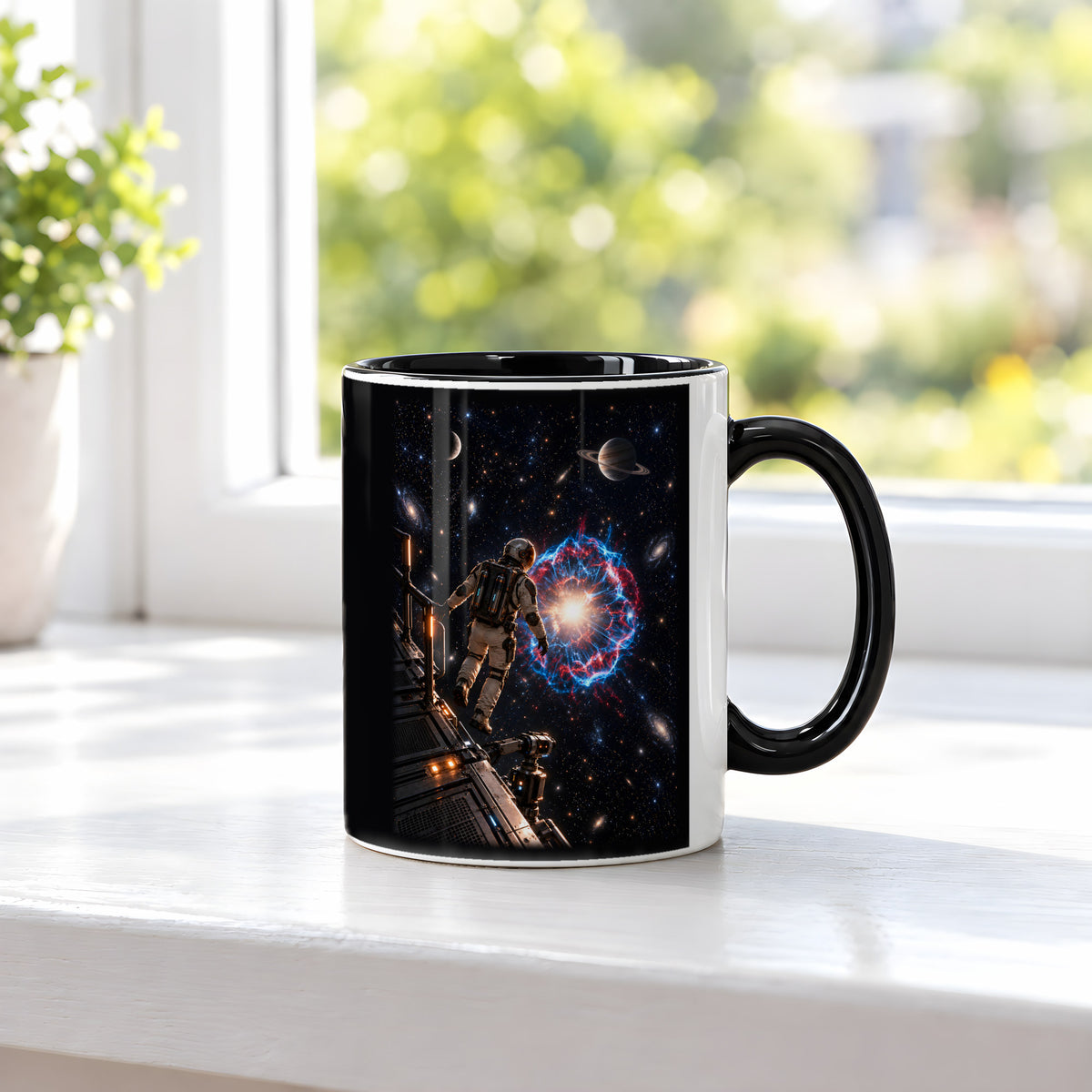 Die Sternenwacht – Astronaut an einer Forschungsplattform vor einer Sternenexplosion, Tasse Innen schwarz, auf einer Fensterbank