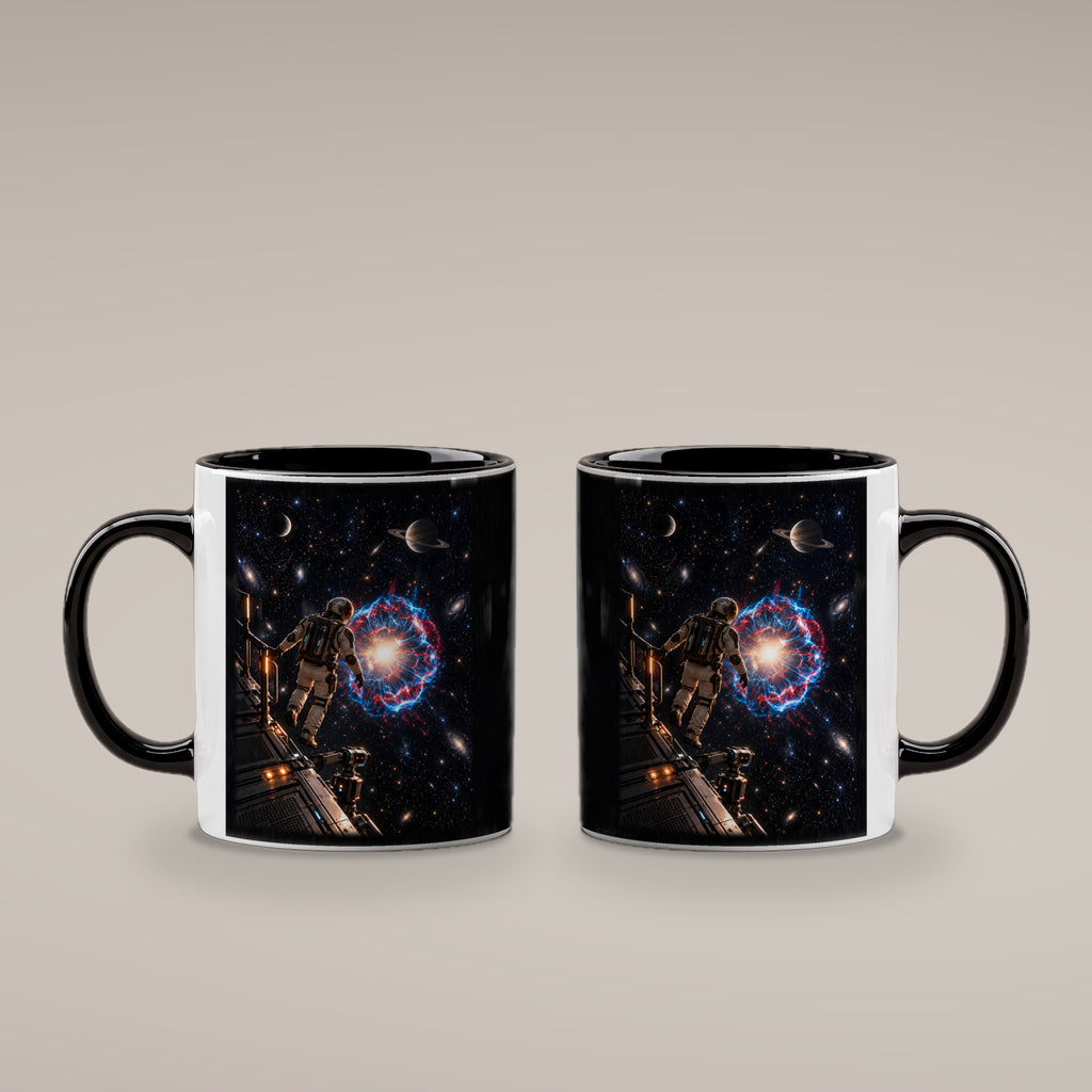 Die Sternenwacht – Astronaut an einer Forschungsplattform vor einer Sternenexplosion, Tasse Innen schwarz, beide bedruckten Seiten