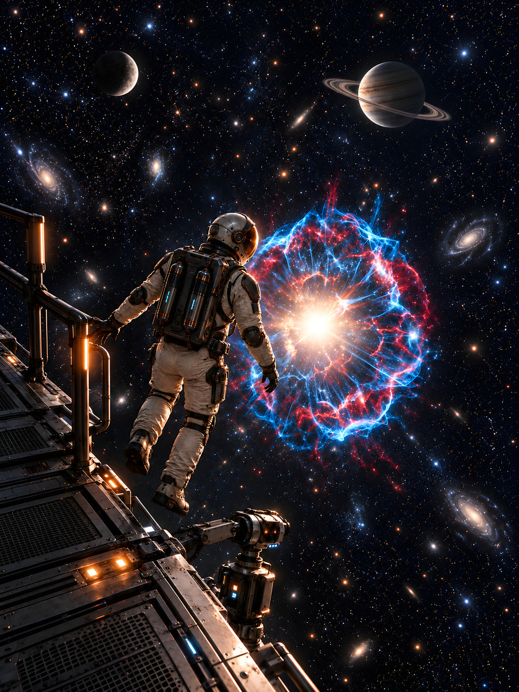 Die Sternenwacht – Astronaut an einer Forschungsplattform vor einer Sternenexplosion, vollständiges Motiv
