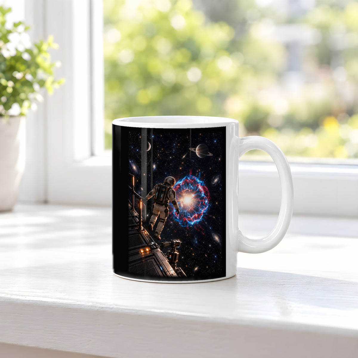 Die Sternenwacht – Astronaut an einer Forschungsplattform vor einer Sternenexplosion, Tasse Weiß, auf einer Fensterbank