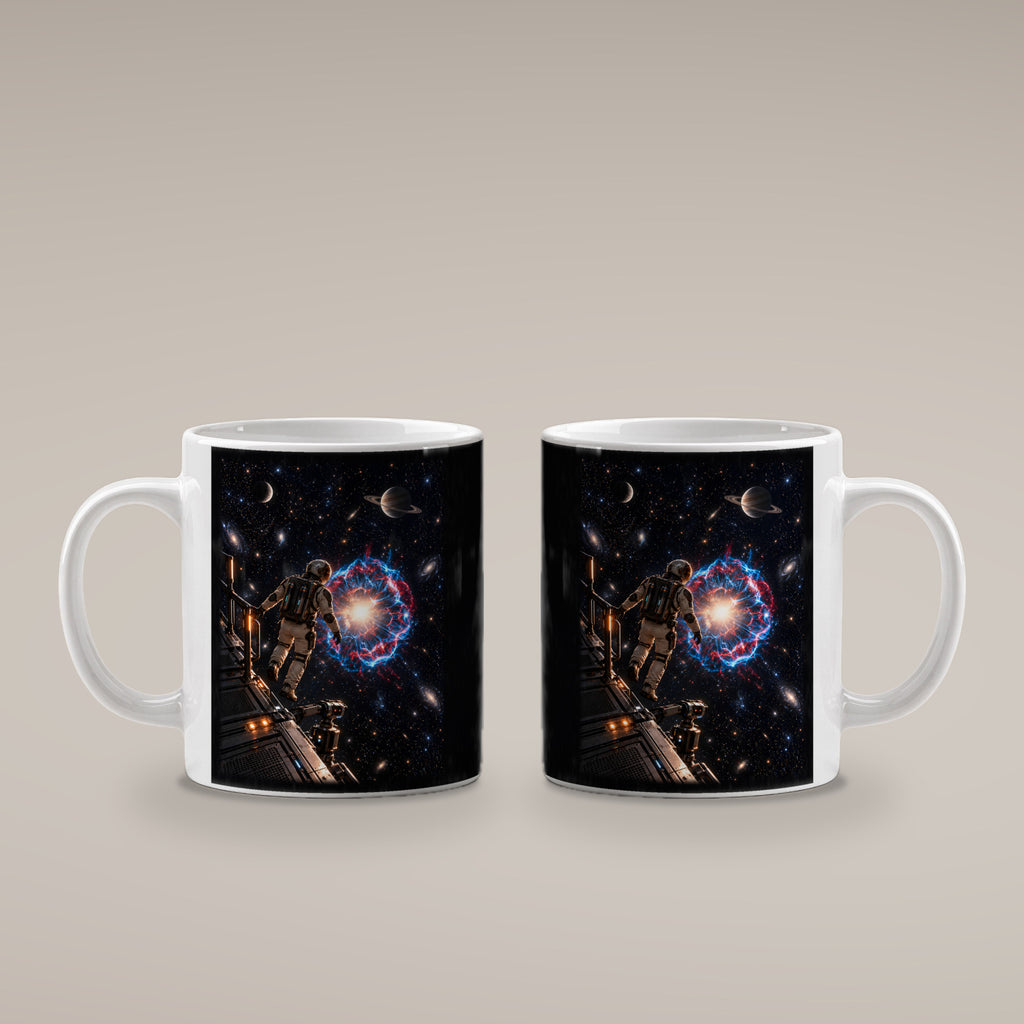 Die Sternenwacht – Astronaut an einer Forschungsplattform vor einer Sternenexplosion, Tasse Weiß, beide bedruckten Seiten