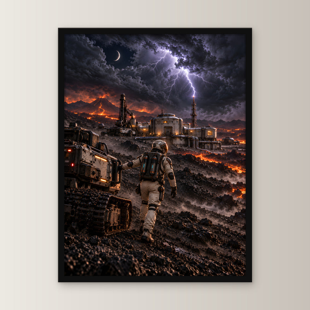 Der Vulkansturm – Astronaut und Rover zwischen Lava, Außenstation und Blitzen, im schwarzen Holzrahmen, gerade von vorn an heller Wand