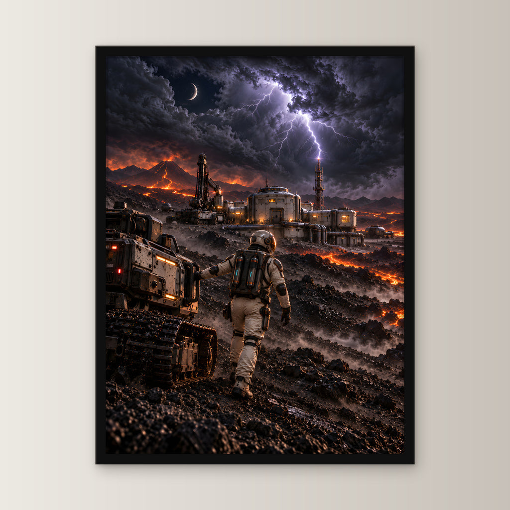 Der Vulkansturm – Astronaut und Rover zwischen Lava, Außenstation und Blitzen, im schwarzen Holzrahmen, gerade von vorn an heller Wand