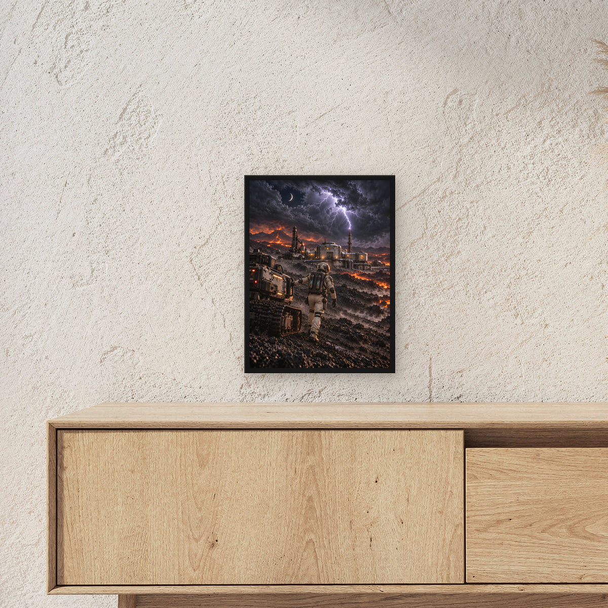 Der Vulkansturm – Astronaut und Rover zwischen Lava, Außenstation und Blitzen, im schwarzen Holzrahmen, über einem Sideboard, Größenansicht im Raum