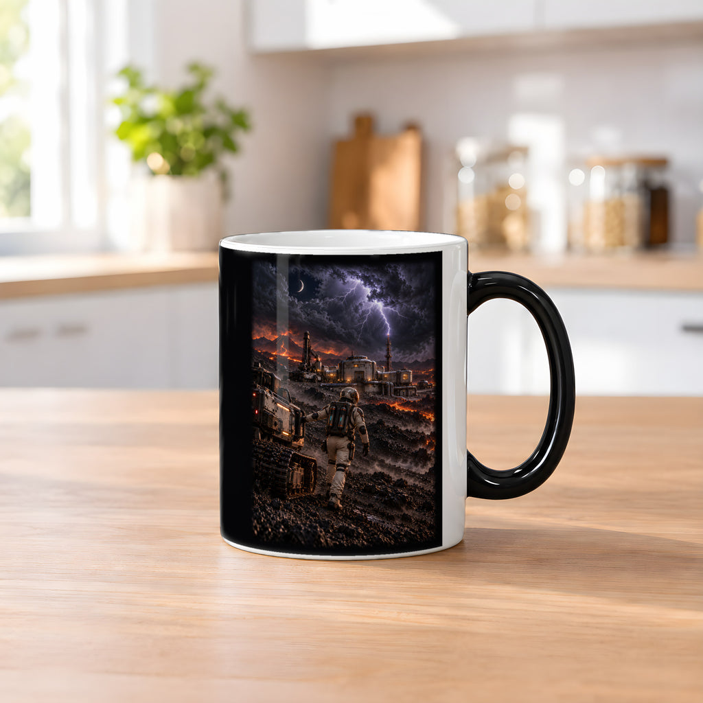 Der Vulkansturm – Astronaut und Rover zwischen Lava, Außenstation und Blitzen, Black Edition (Zaubertasse), auf einem Küchentresen