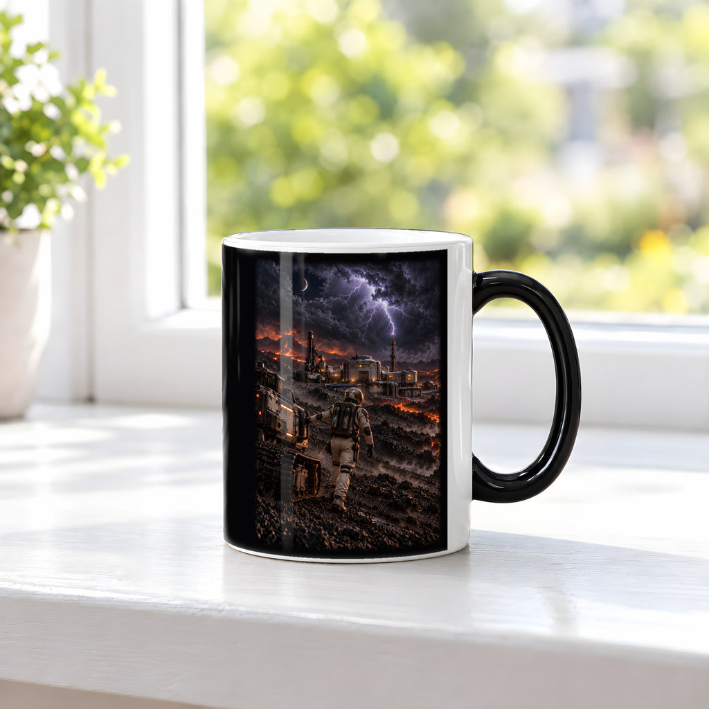 Der Vulkansturm – Astronaut und Rover zwischen Lava, Außenstation und Blitzen, Black Edition (Zaubertasse), auf einer Fensterbank