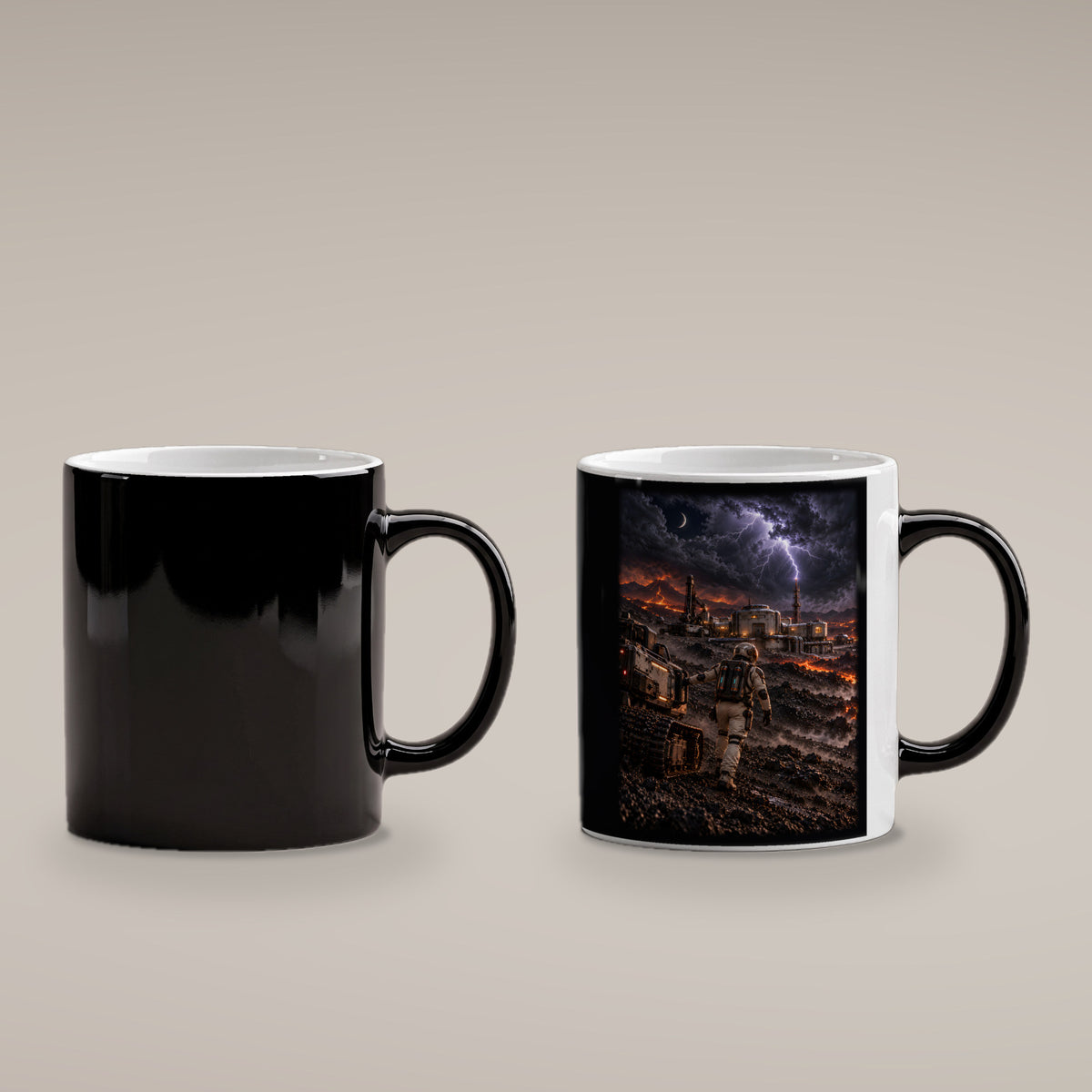 Der Vulkansturm – Astronaut und Rover zwischen Lava, Außenstation und Blitzen, Black Edition (Zaubertasse), kalt schwarz und heiß mit Motiv