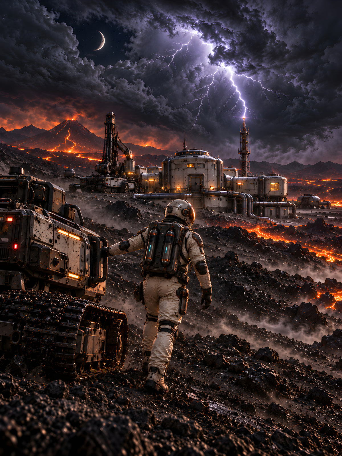Der Vulkansturm – Astronaut und Rover zwischen Lava, Außenstation und Blitzen, vollständiges Motiv