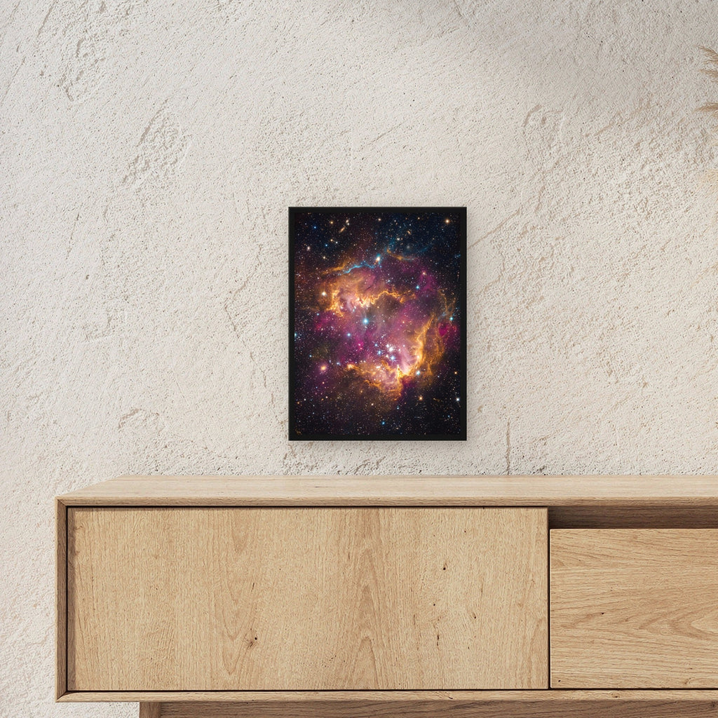 Die Sternenwiege – Sternennebel in Orange und Magenta mit jungen Sternen, im schwarzen Holzrahmen, über einem Sideboard