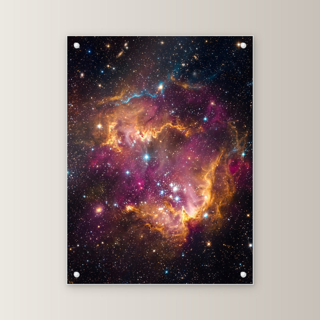 Die Sternenwiege – Sternennebel in Orange und Magenta mit jungen Sternen, auf Acrylglas mit Abstandshaltern, von vorn an heller Wand
