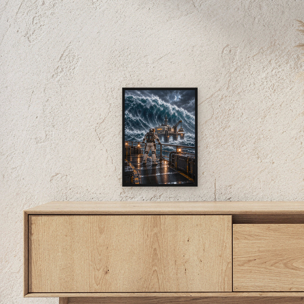 Die schwarze Welle – Astronaut auf einer Plattform vor einer riesigen Ozeanwelle, im schwarzen Holzrahmen, über einem Sideboard, Größenansicht im Raum