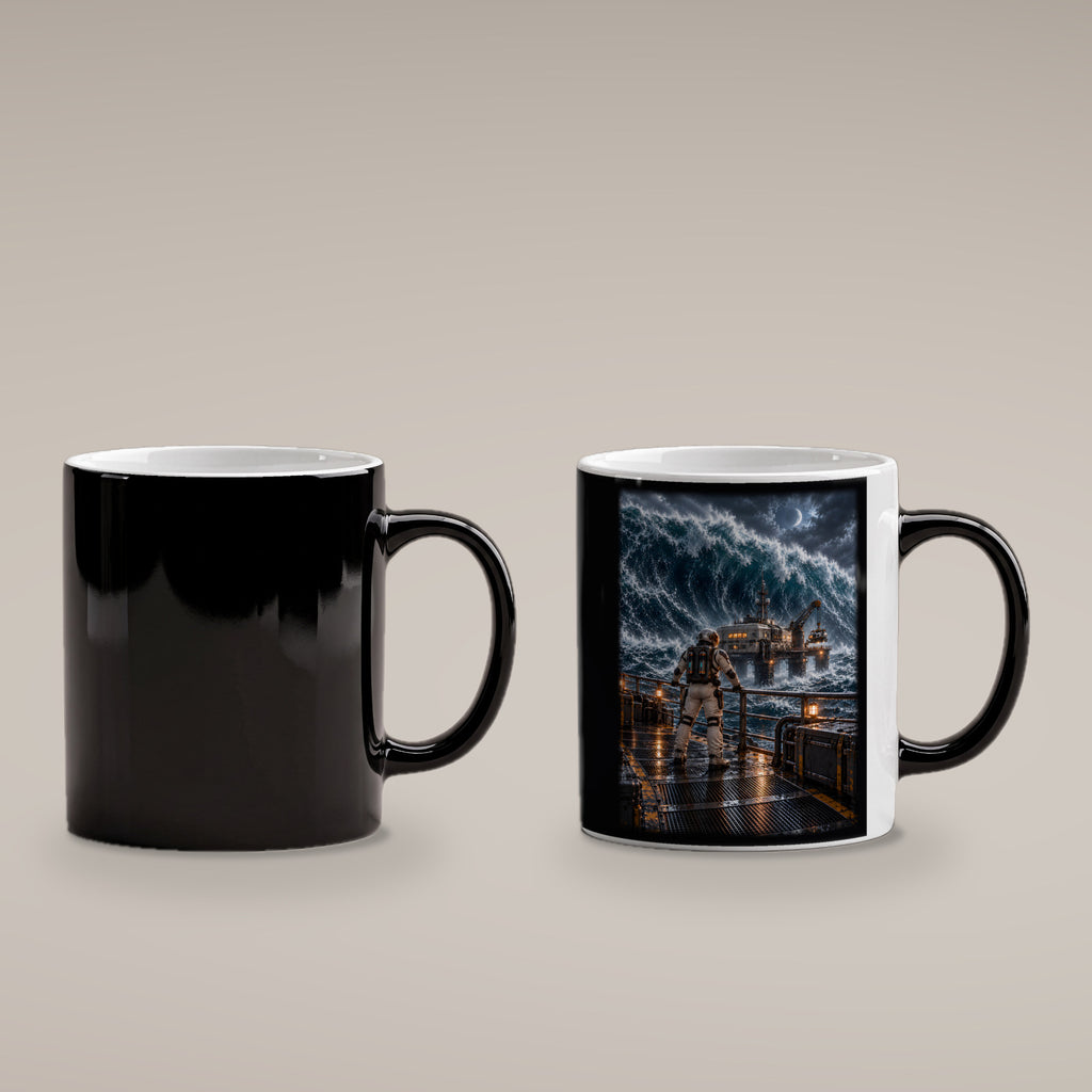 Die schwarze Welle – Astronaut auf einer Plattform vor einer riesigen Ozeanwelle, Black Edition (Zaubertasse), kalt schwarz und heiß mit Motiv