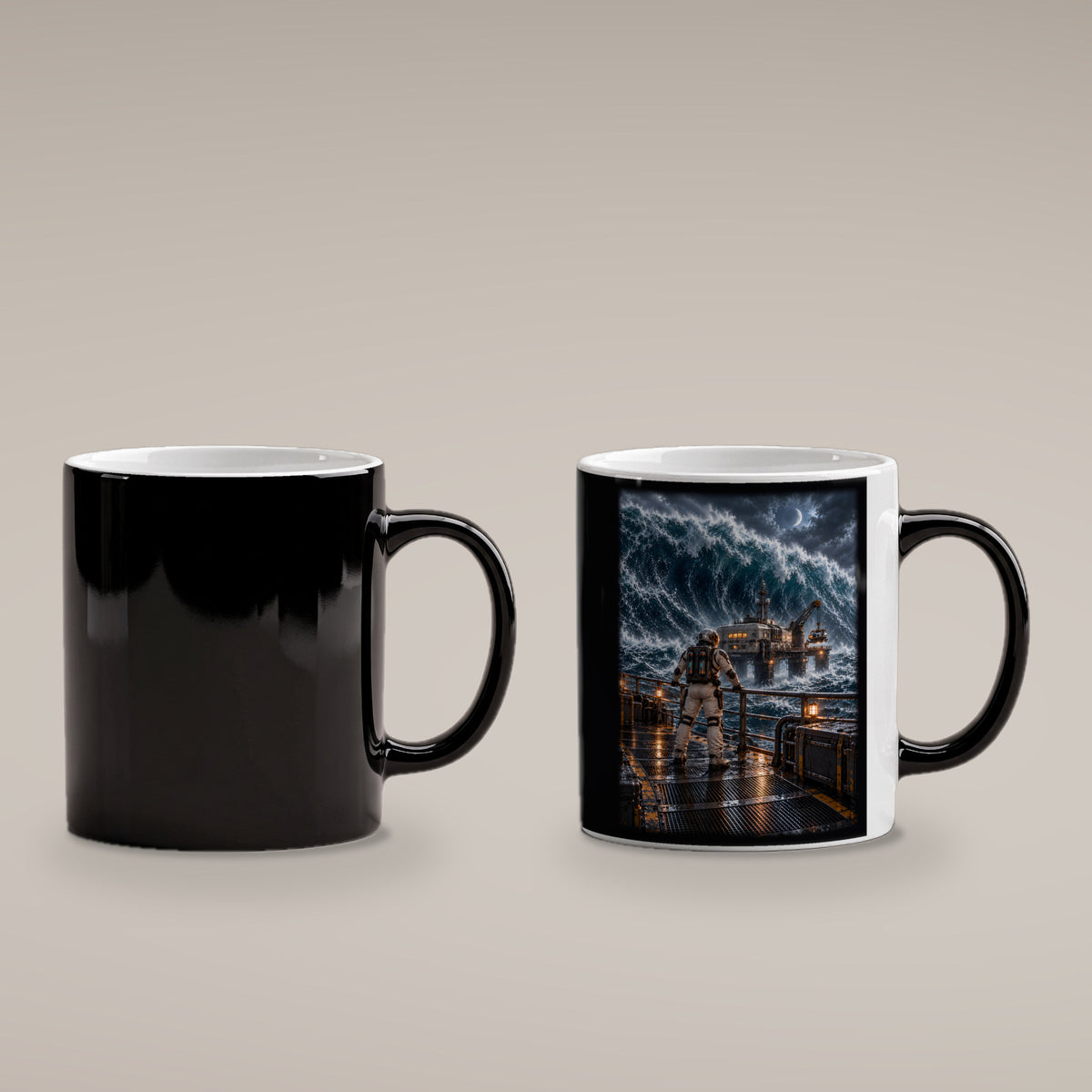 Die schwarze Welle – Astronaut auf einer Plattform vor einer riesigen Ozeanwelle, Black Edition (Zaubertasse), kalt schwarz und heiß mit Motiv